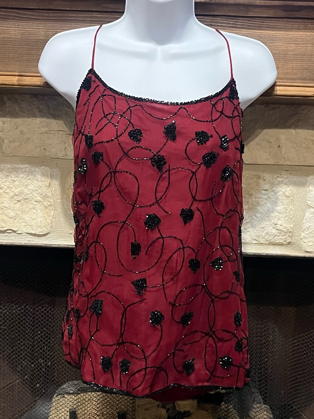 Vintage David Benjamin 100% Silk Beaded Camisole Burgundy Y2K Whimsigoth Top